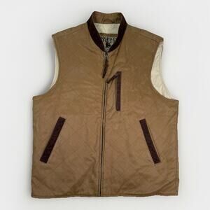 Madison Creek Outfitters Quilted Vest Tan Twill Kennesaw Leather Trim Men Size M